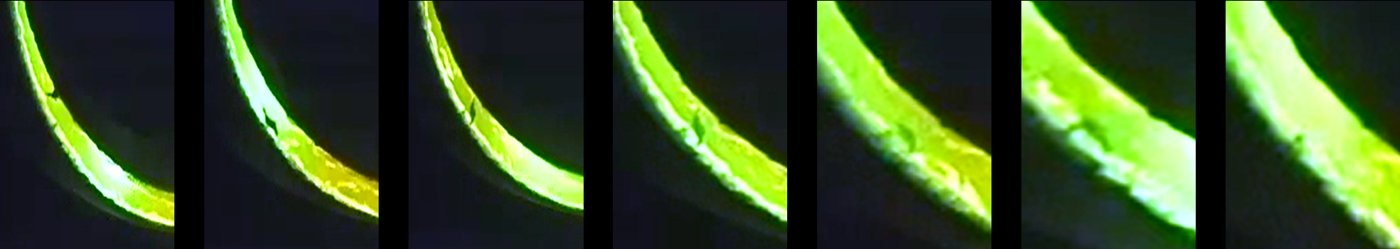 Seven consecutive video frames of the glowing annulus between electrode and crucible with a small particle crossing it.