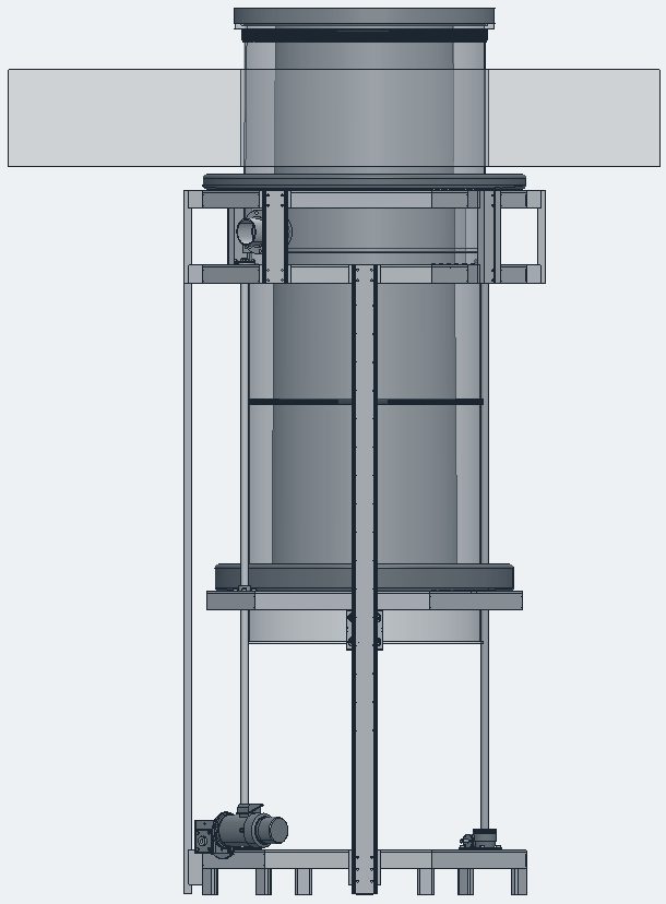 CAD side view of the twin-coil arc-steering assembly: a stationary upper coil and a moving lower coil on a carriage around the crucible.