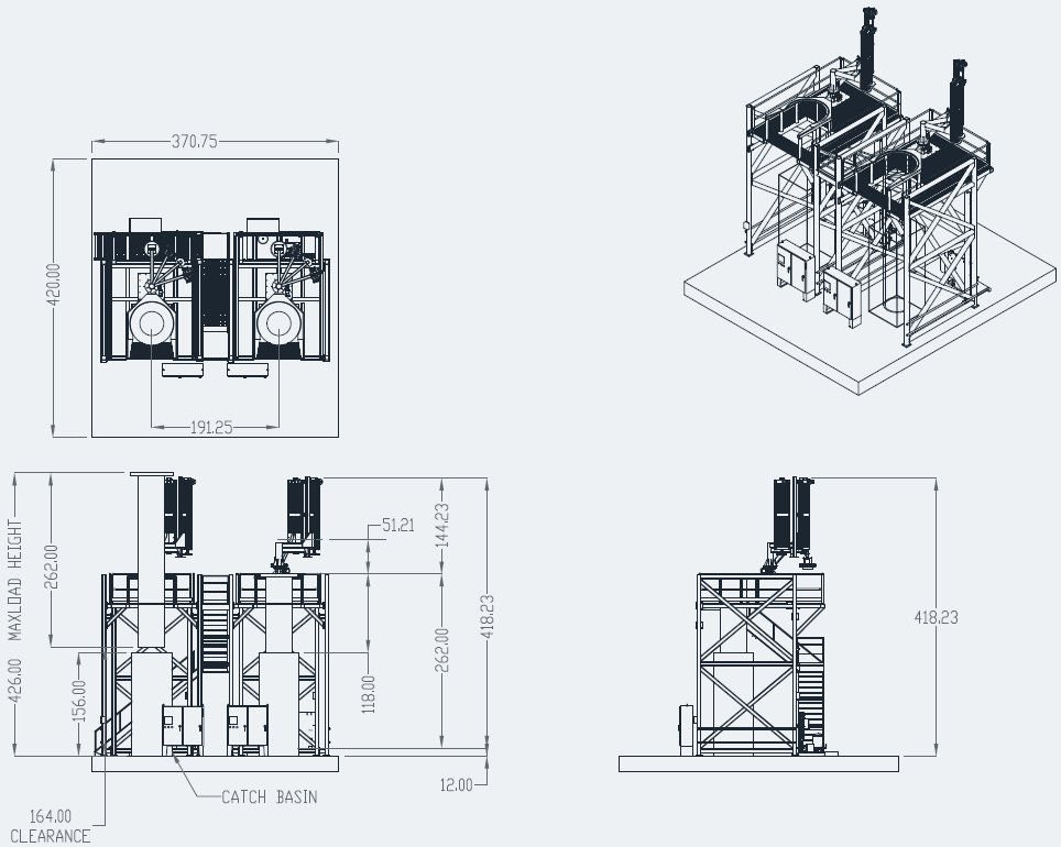 Engineering drawing sheet with plan, elevation and isometric views of a two-position crucible scanner with dimensions.