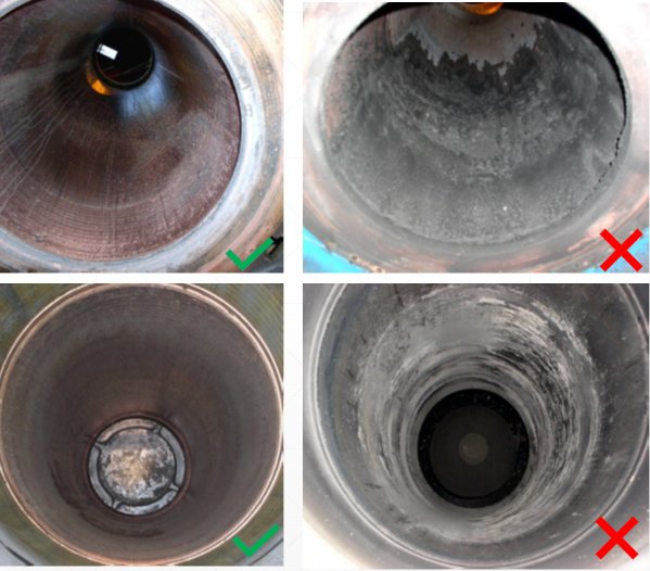 Four photographs looking down into crucibles: two clean walls marked pass, two with spatter build-up or damage marked fail.
