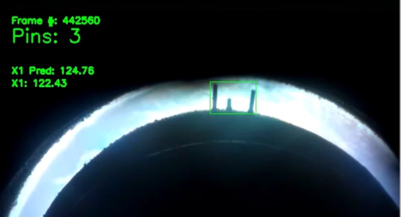 Video frame of the bright electrode edge with three marker pins boxed in green and text overlays: frame number, pins 3, predicted and live positions.