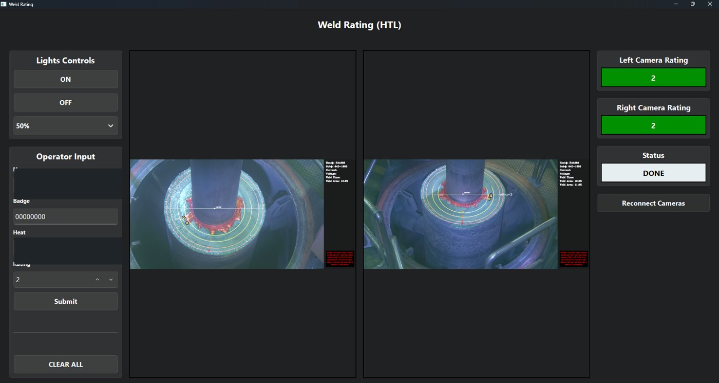 Screenshot of the weld-rating application with operator input fields, two camera views with overlays, left and right camera ratings of 2 and a Done status.