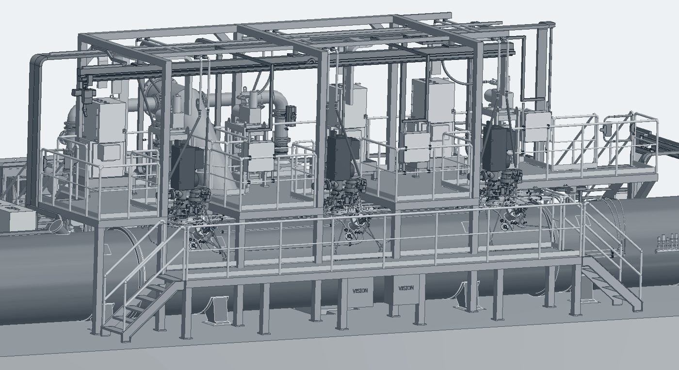 CAD render of a stub-welder structure with camera pairs mounted on the frame around the weld station and a junction box at the base.